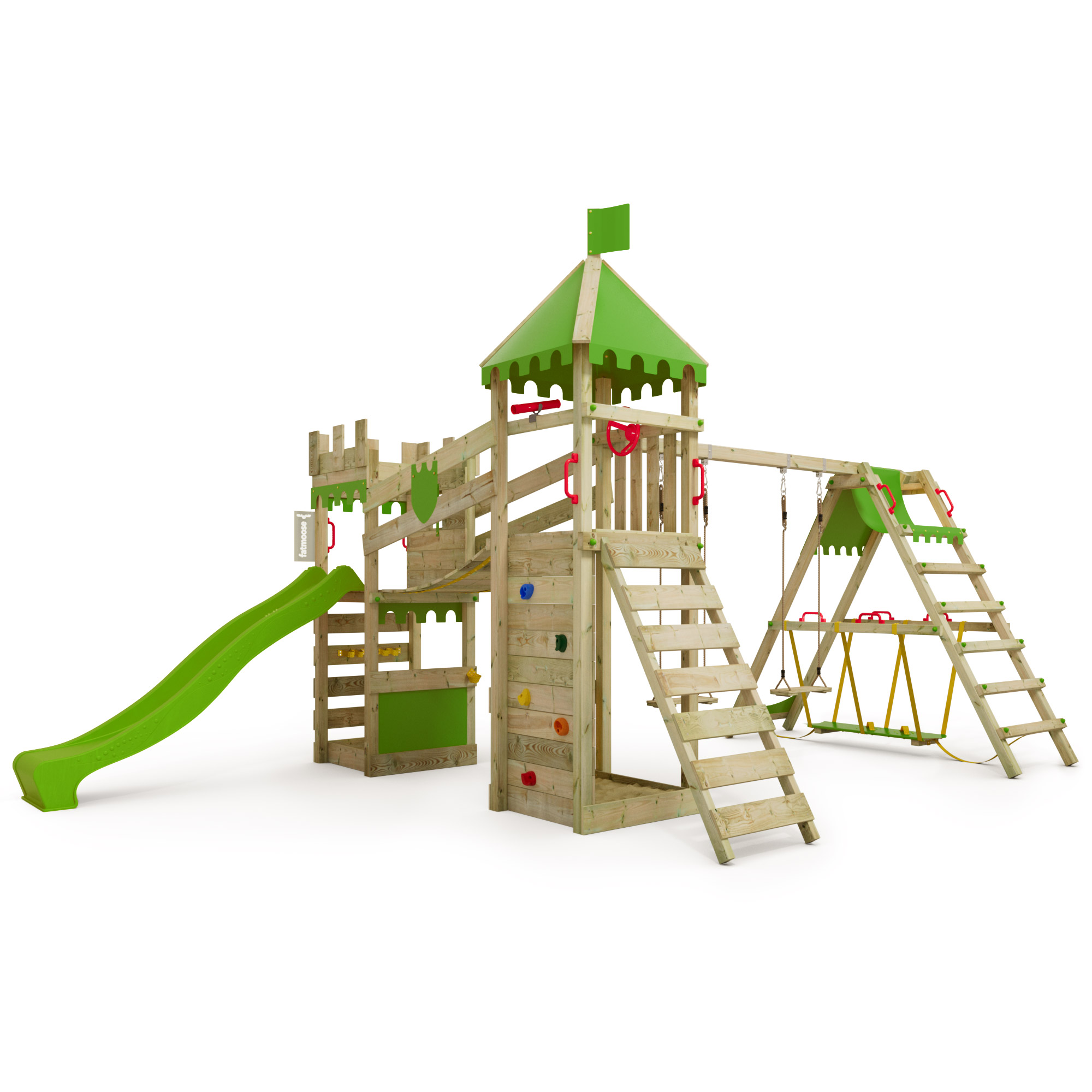 FATMOOSE Spielturm Klettergerüst RiverRun mit SurfSwing Kleterwand & Rutsche