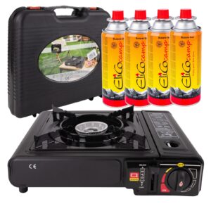 Camping Gaskocher 2in1 mit Piezo optional mit 4x Kartuschen tragbare gasheizung