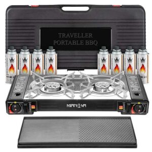 Doppel Gaskocher 2 flammig 2in1 Camping Kocher 4 4 KW Grillplatte + Gasflaschen