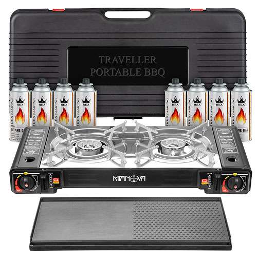 Doppel Gaskocher 2 flammig 2in1 Camping Kocher 4 4 KW Grillplatte + Gasflaschen