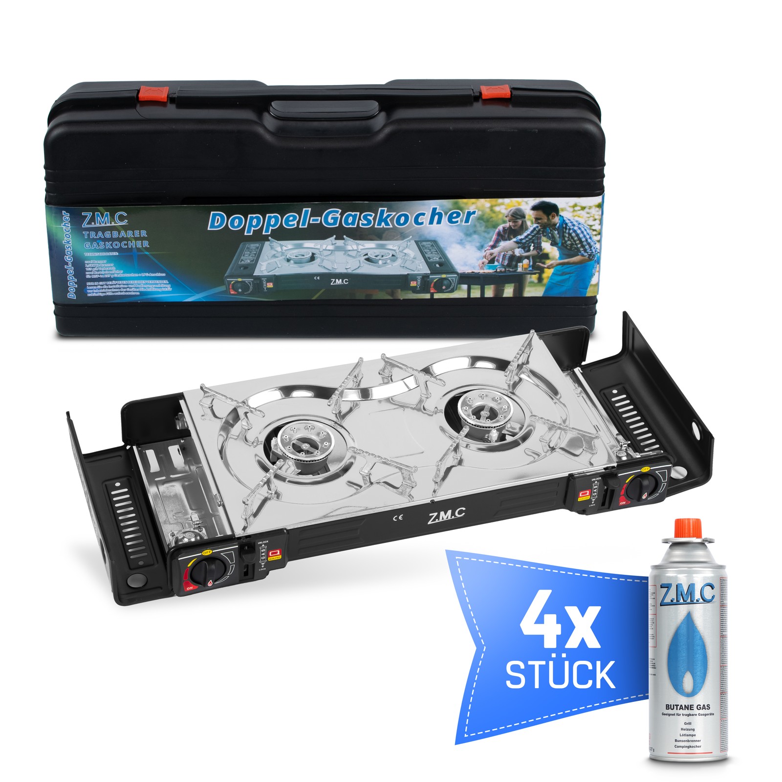 Doppel Kartuschenkocher 2 flammig Outdoor Gas Campingkocher + 4x Gaskartuschen