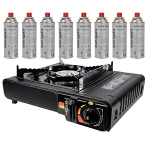 Premium Camping Gaskocher inkl. 4 oder 8 Gaskartuschen Set Butan Kocher Koffer