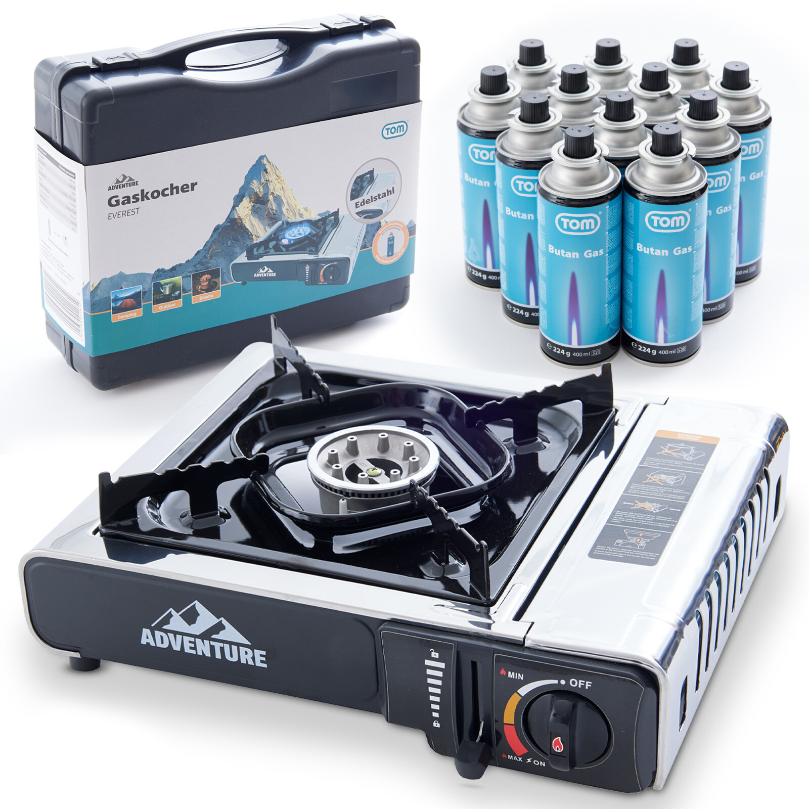 Camping Gas Kocher Set 227 g + Butan Kartuschen Edelstahl Outdoor Herd Kartusche