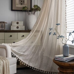 Quasten Häkel vorhang Beige Romantisch Wohnzimmer Boho Gardinen Handgemacht Neu