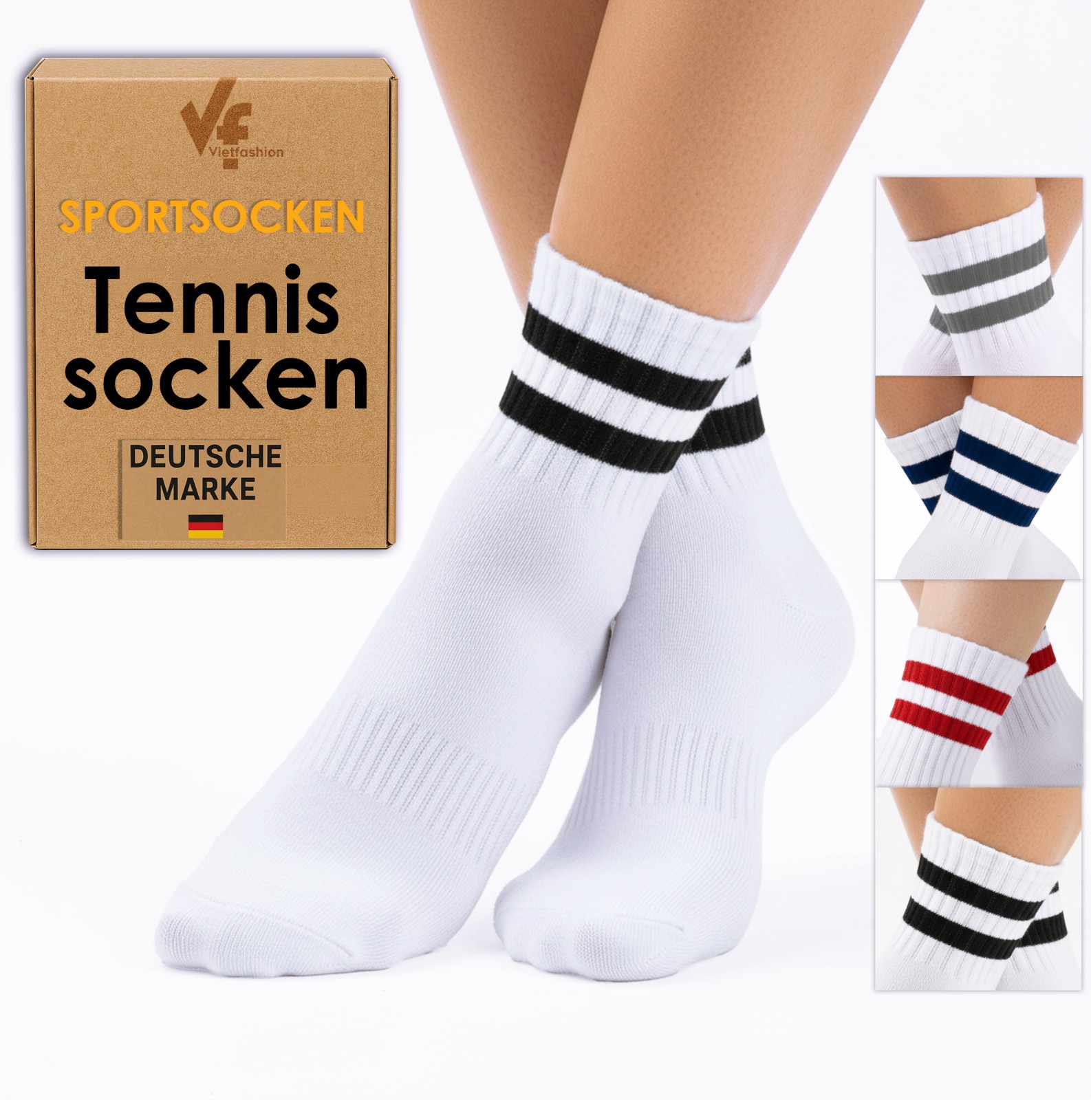 5 bis 50 Paar Herren Socken Sportsocken Baumwolle TENNISSOCKEN Weiß mit Streifen