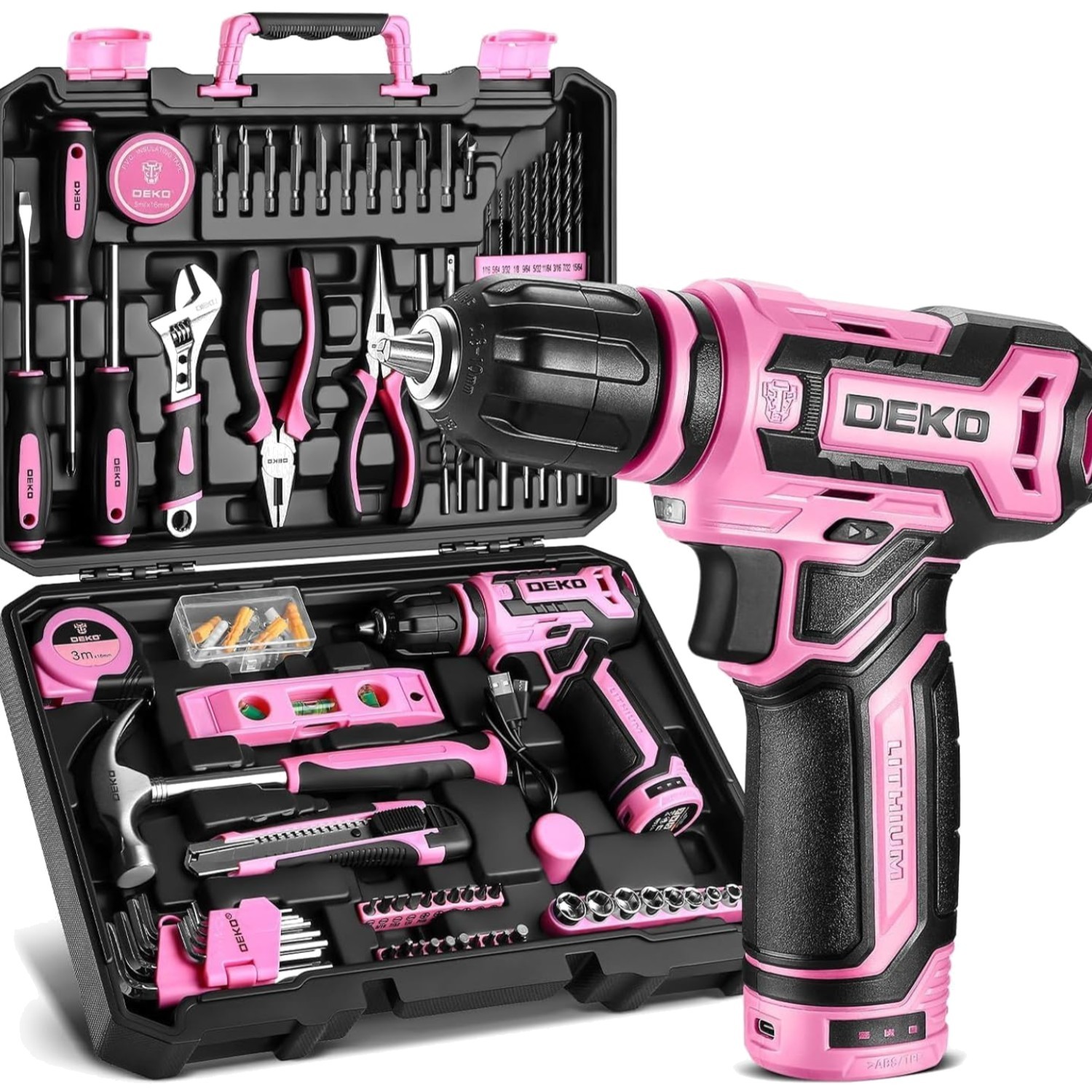 Werkzeugkoffer Gefüllt 133 tlg. Werkzeug Set mit Akku Bohrschrauber Rosa