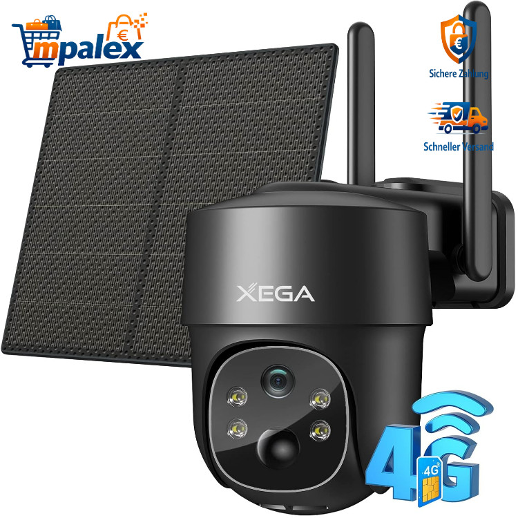 Xega 4G LTE Überwachungskamera Solar 2K 3MP PTZ SIM Kabellos Akku Nachtsicht