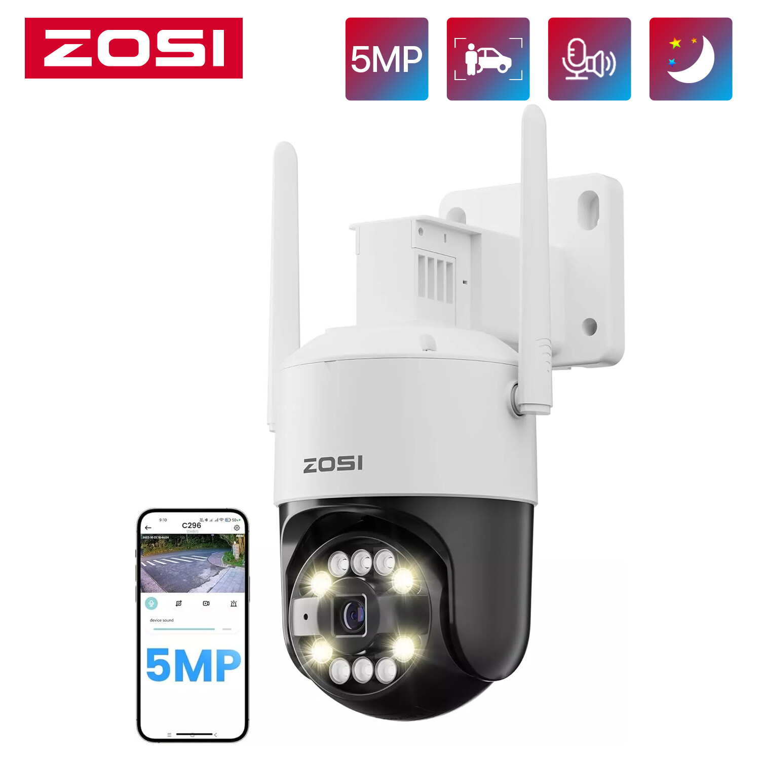 ZOSI 5MP WLAN PT Überwachungskamera Außen Schwenkbar IP Audio Kamera Nachtsicht