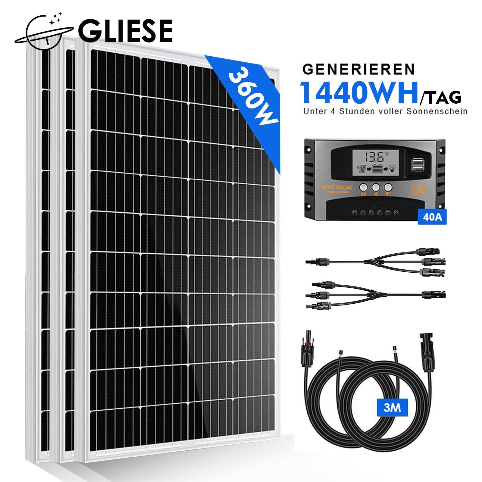 360W Solarpanel Kit 3x120W Solar Set Solaranlage für Garten/ Boot/Wohnmobil/Haus