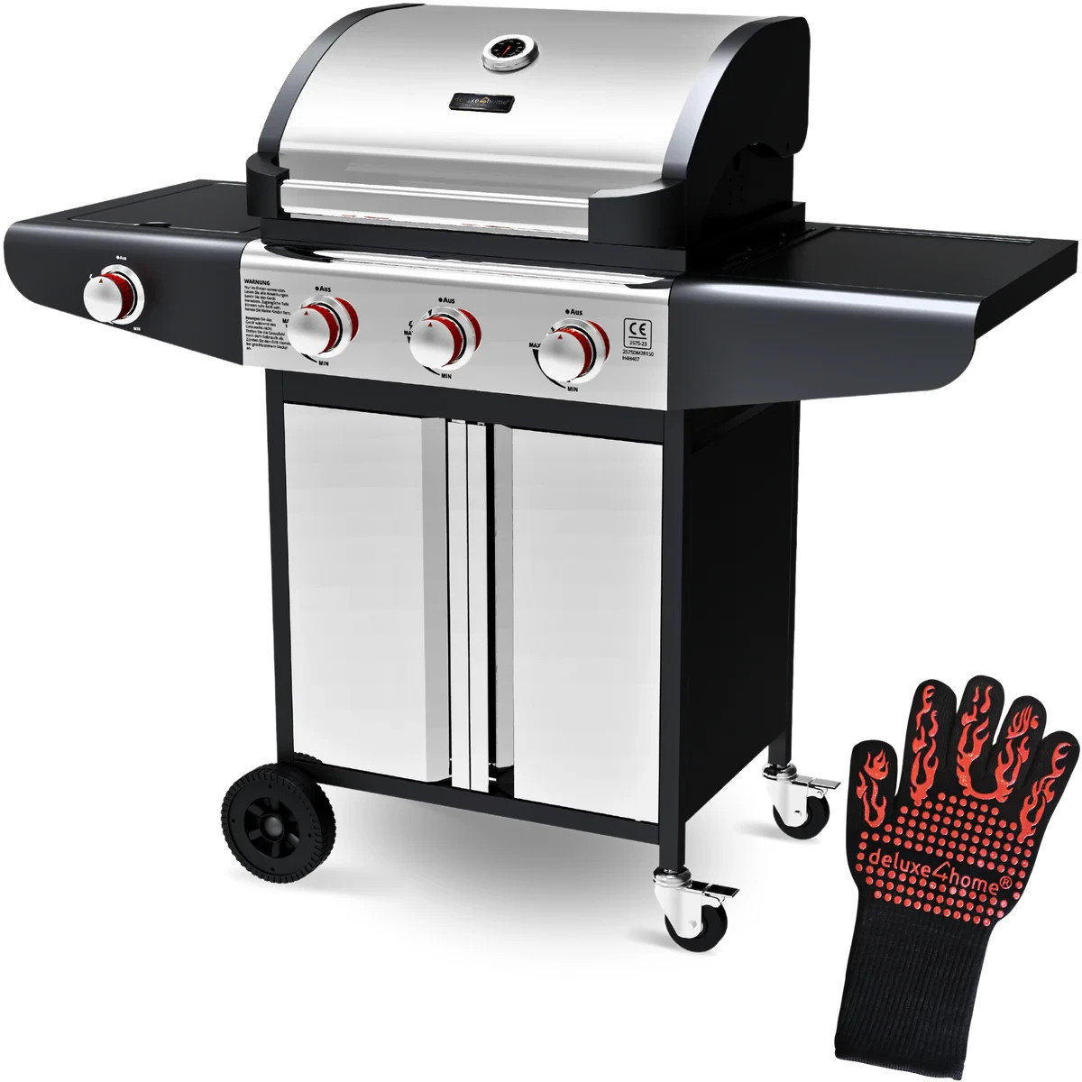Grillwagen Gasgrill mit Deckel 3 + 1 Seitenbrenner Thermometer uvm.