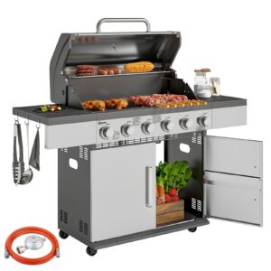 Gasgrill 8500BTU Grillwagen inkl 6 Edelstahl Brenner Rolle Thermometer Silber
