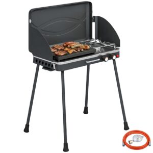 Tragbarer Gasgrill 2 Brenner 7 kW 2 in 1 Tischgrill mit Braten klappbar Beinen