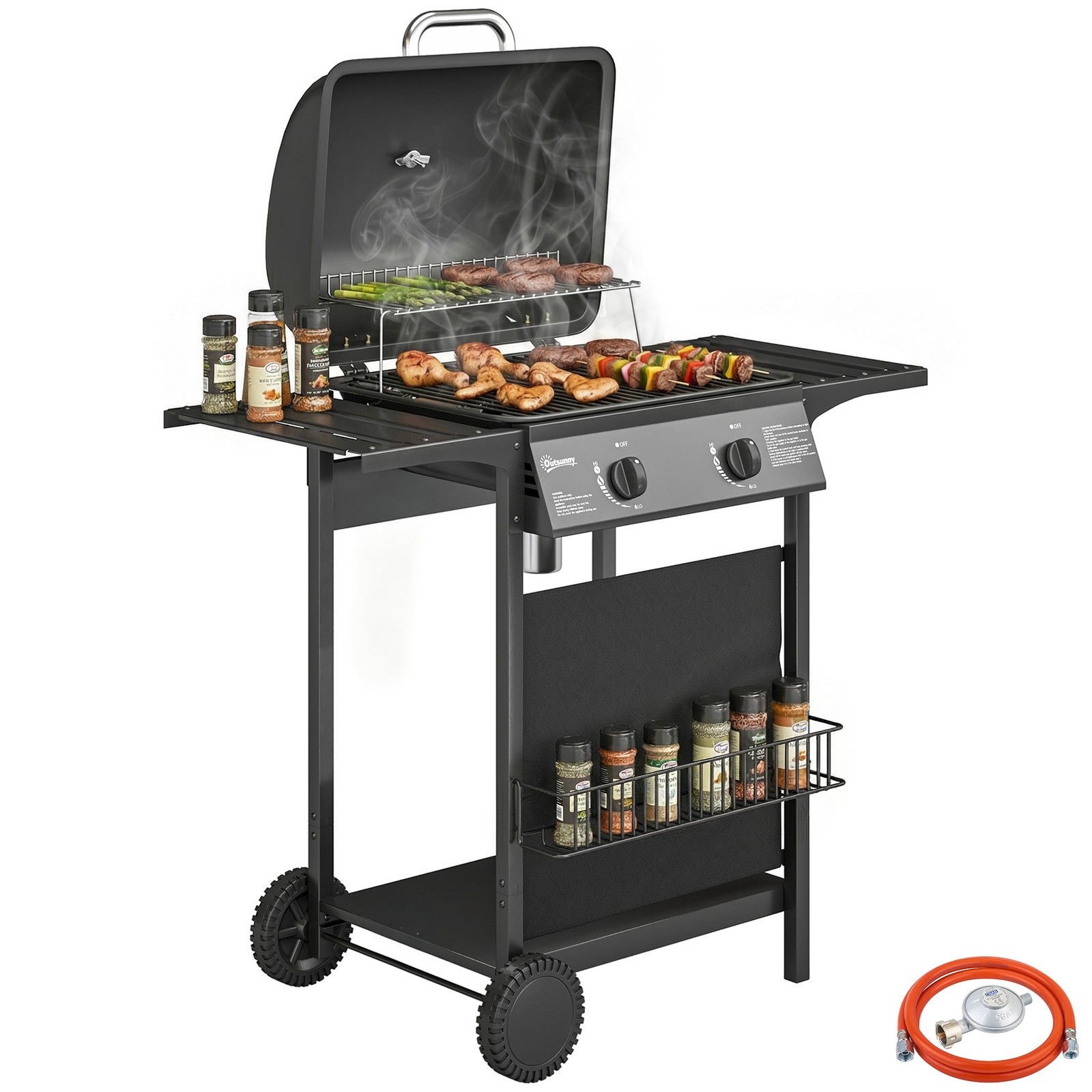 Gasgrill 5 KW 2 Brenner BBQ Grillwagen Edelstahl inkl Seitentisch Unterkorb
