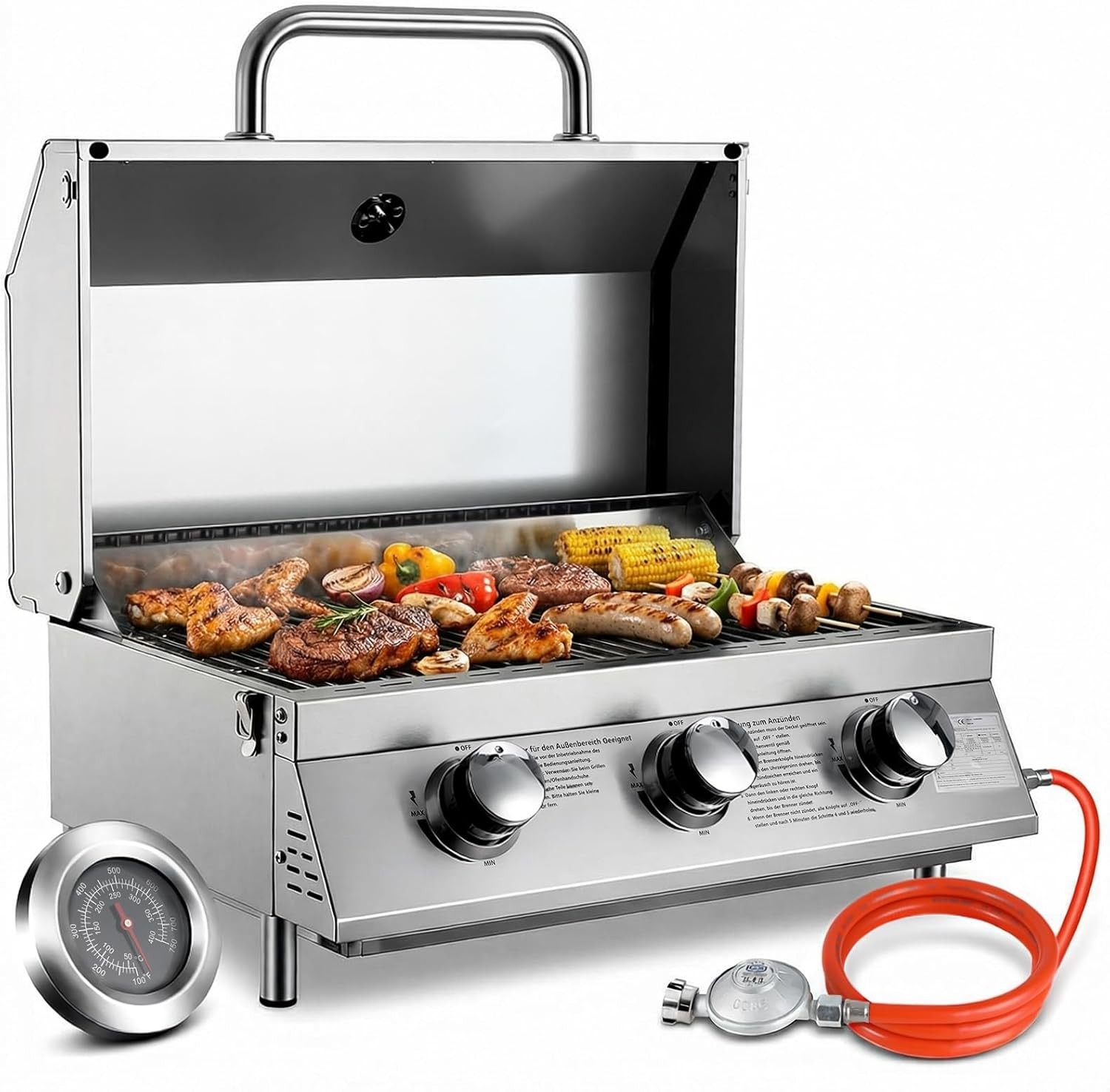 Tragbarer Gasgrill Tischgrill Kompakt 6.6kW mit 3 Brenner Edelstahl Grillrost EU