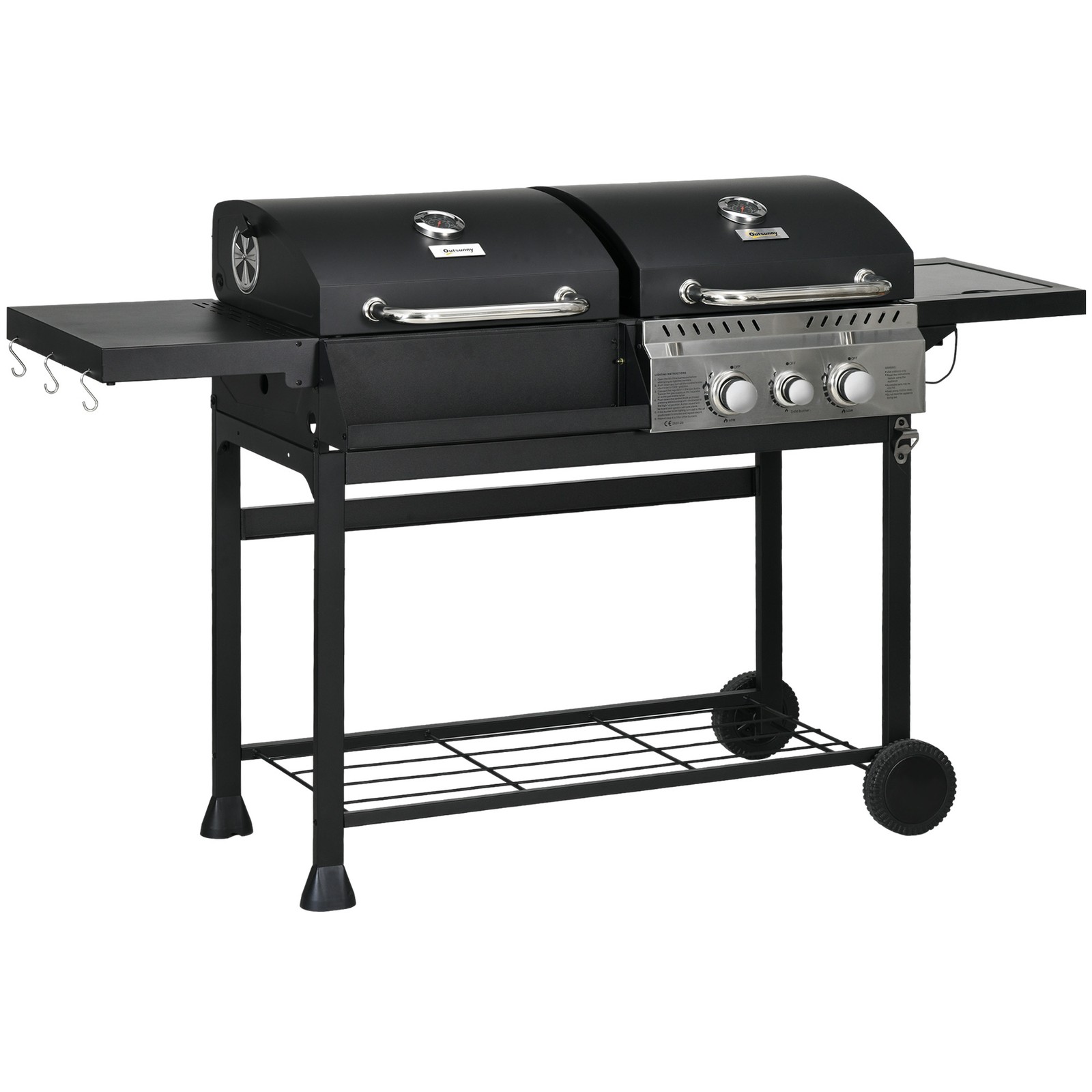 Grillwagen Gasgrill mit 2+1 Brenner Thermometer Holzkohlgrill mit Seitenablage