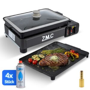 ZMC 2in1 Gasgrill Tischgrill Campingkocher 2 2kW mit 4x Gas + Adapter mit Pfanne