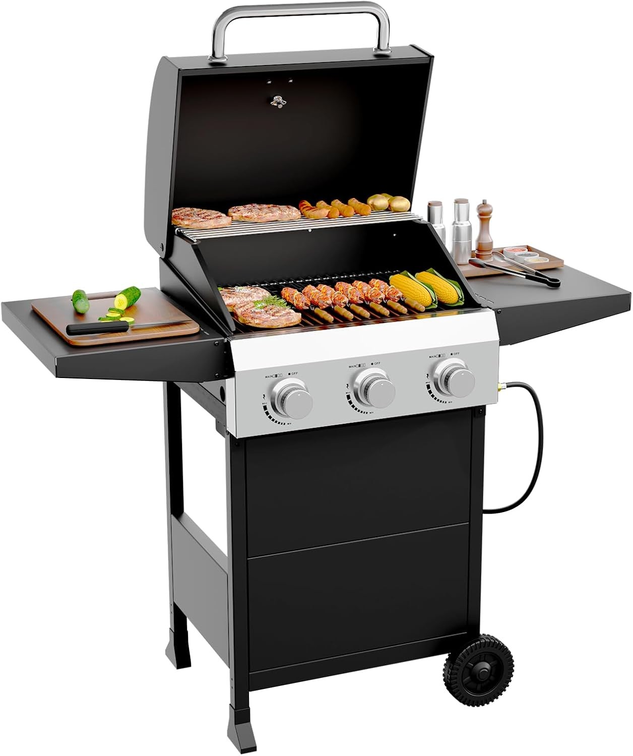 Gasgrill Grillwagen inkl 3 Edelstahl Brenner Rolle Seitenkocher Schwarz DE