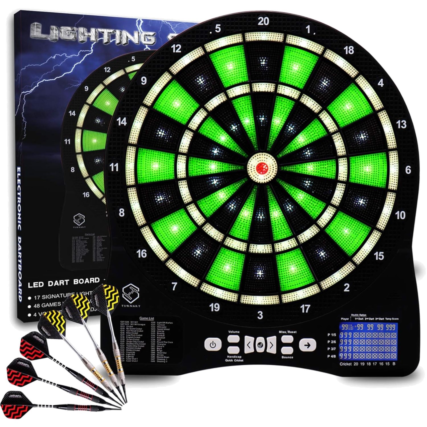 Turnart Elektronische LED Dartscheibe mit 48 Spielen & 6 Soft Darts