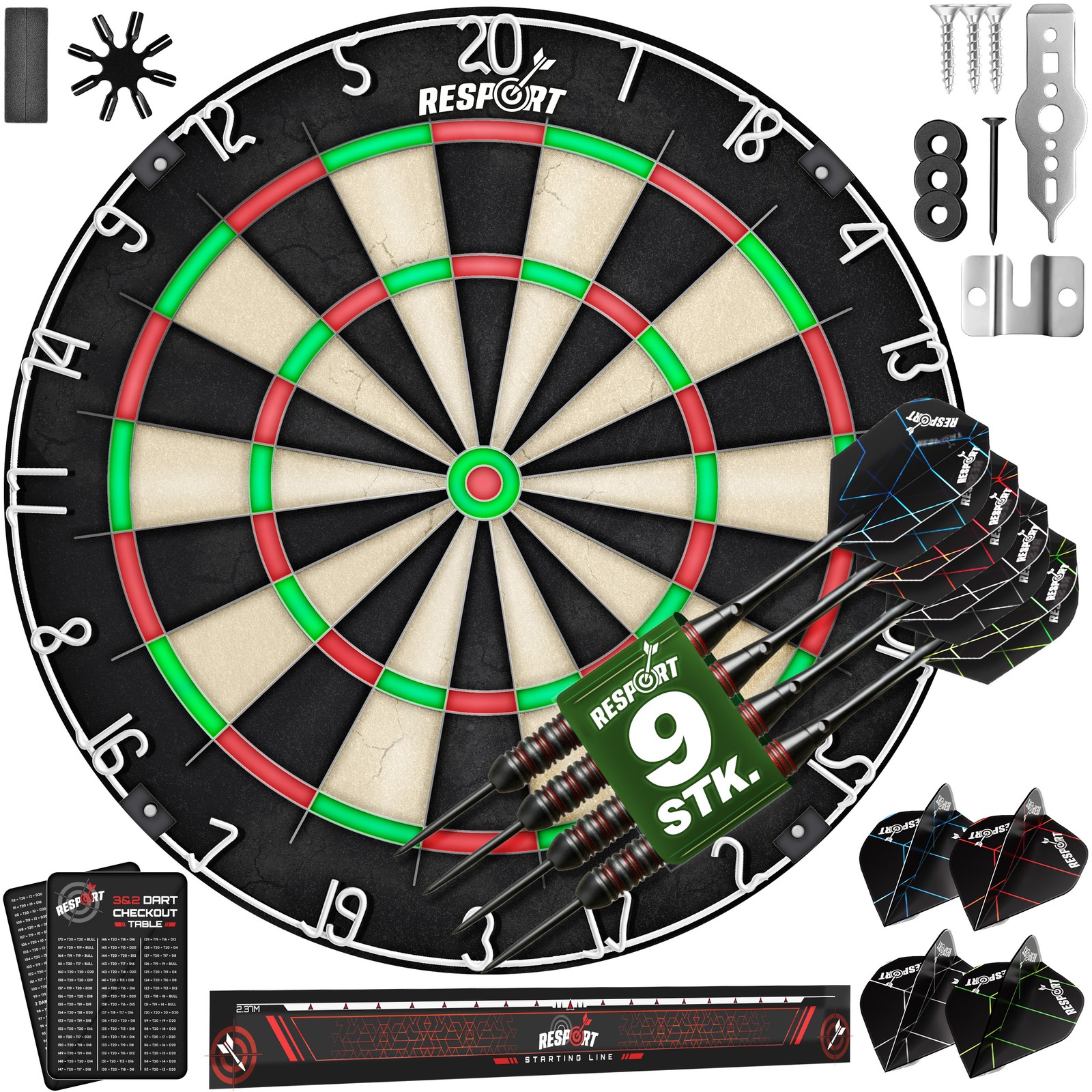 RE:SPORT® Profi Dartscheibe Sisal Set Steeldart Dartboard 9 Pfeile 24 Flights