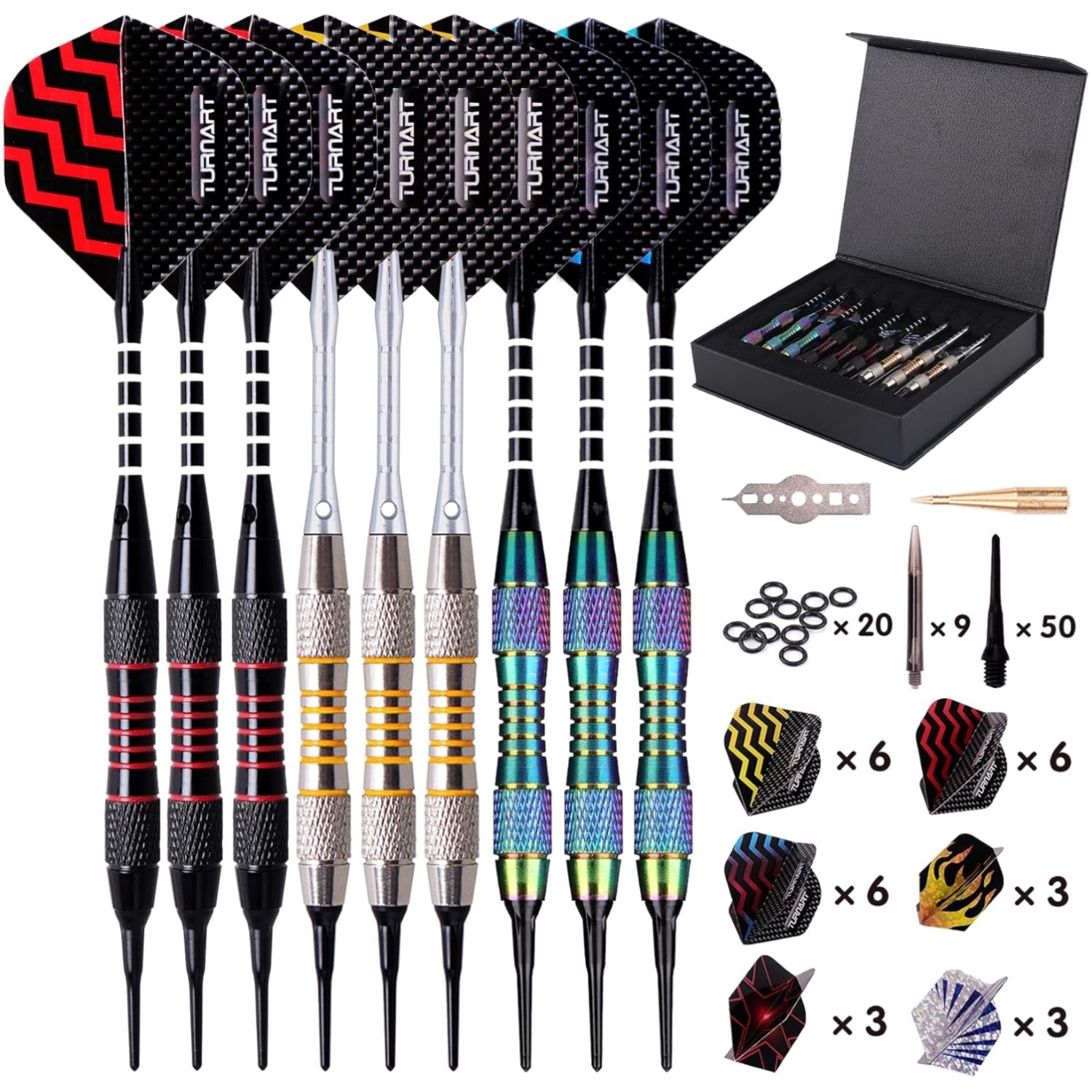 Dartpfeile Set mit 9 Kunststoffspitzen 50 Extras und hochwertigem Geschenketui